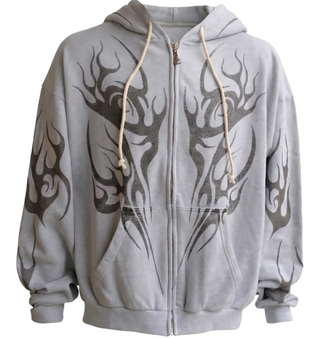 Hellstar Tribal Flame Zip Up Hoodie Grey