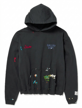 Gallery Dept. Paint Splattered Embellished Cotton Jersey Hoodie Black