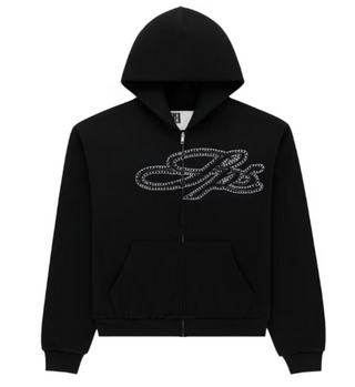 Sp5der Rhinestone Script Zip Hoodie Black
