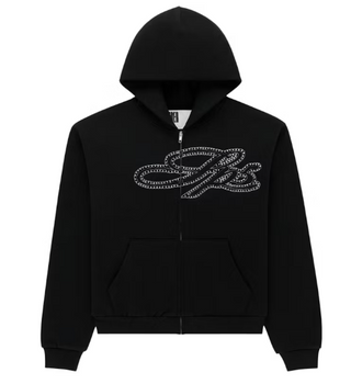 Sp5der Rhinestone Script Zip Hoodie Black